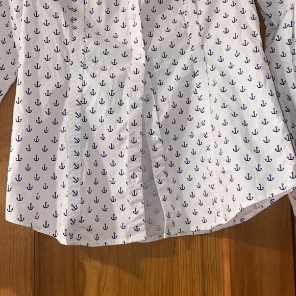 Express The Essential Shirt button down long sleeve white blue anchors S P - Picture 5 of 7
